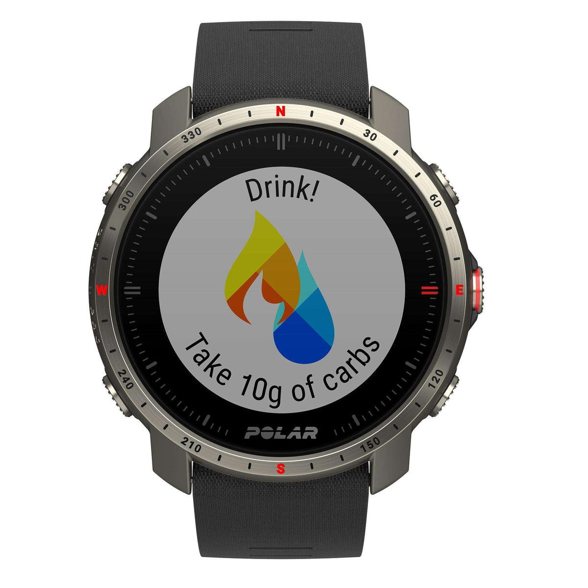 Grey case smartwatch with black rubber strap; black dial shows “Drink!” carbs message graphic