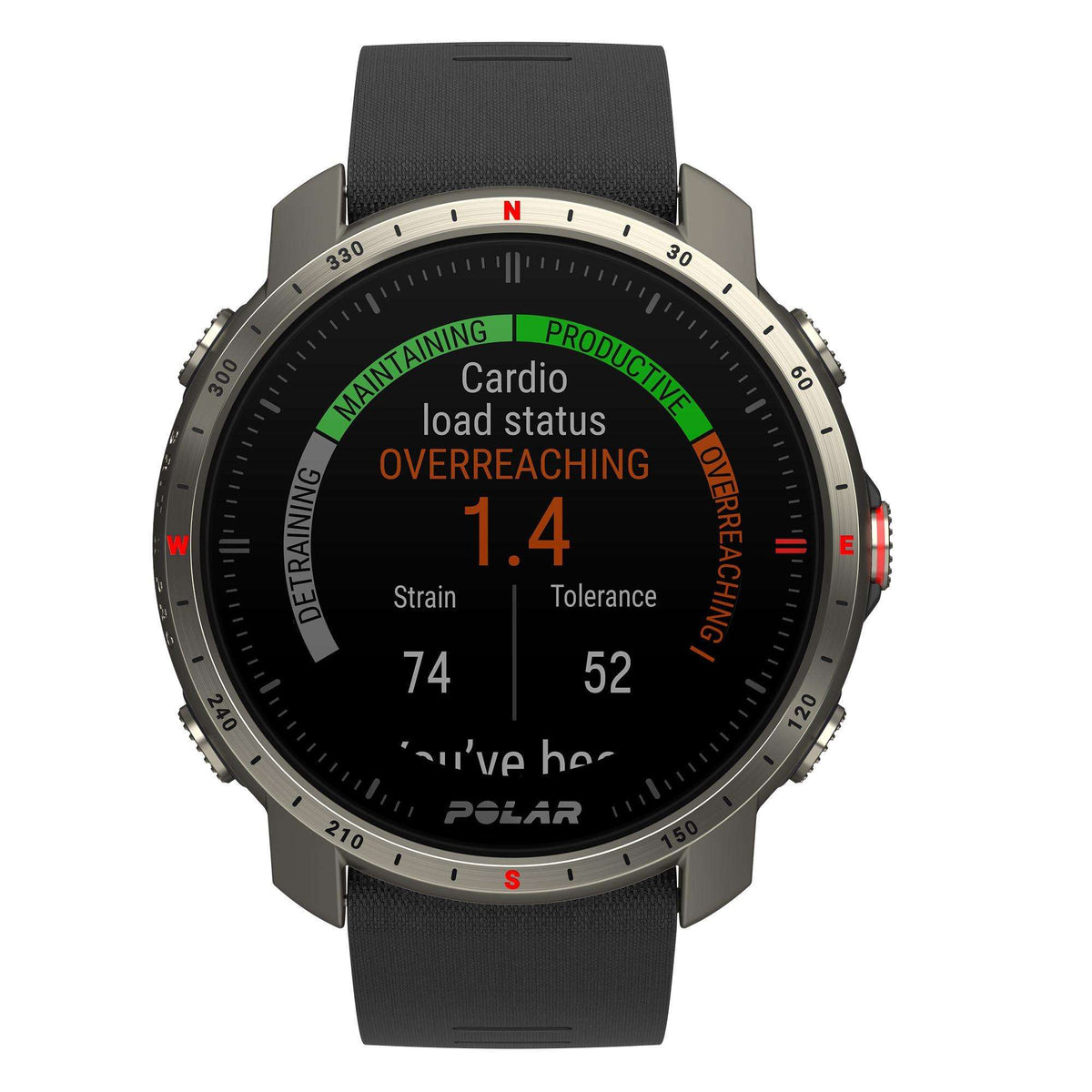 Grey case smartwatch with black rubber strap; black dial shows cardio status and score “14”