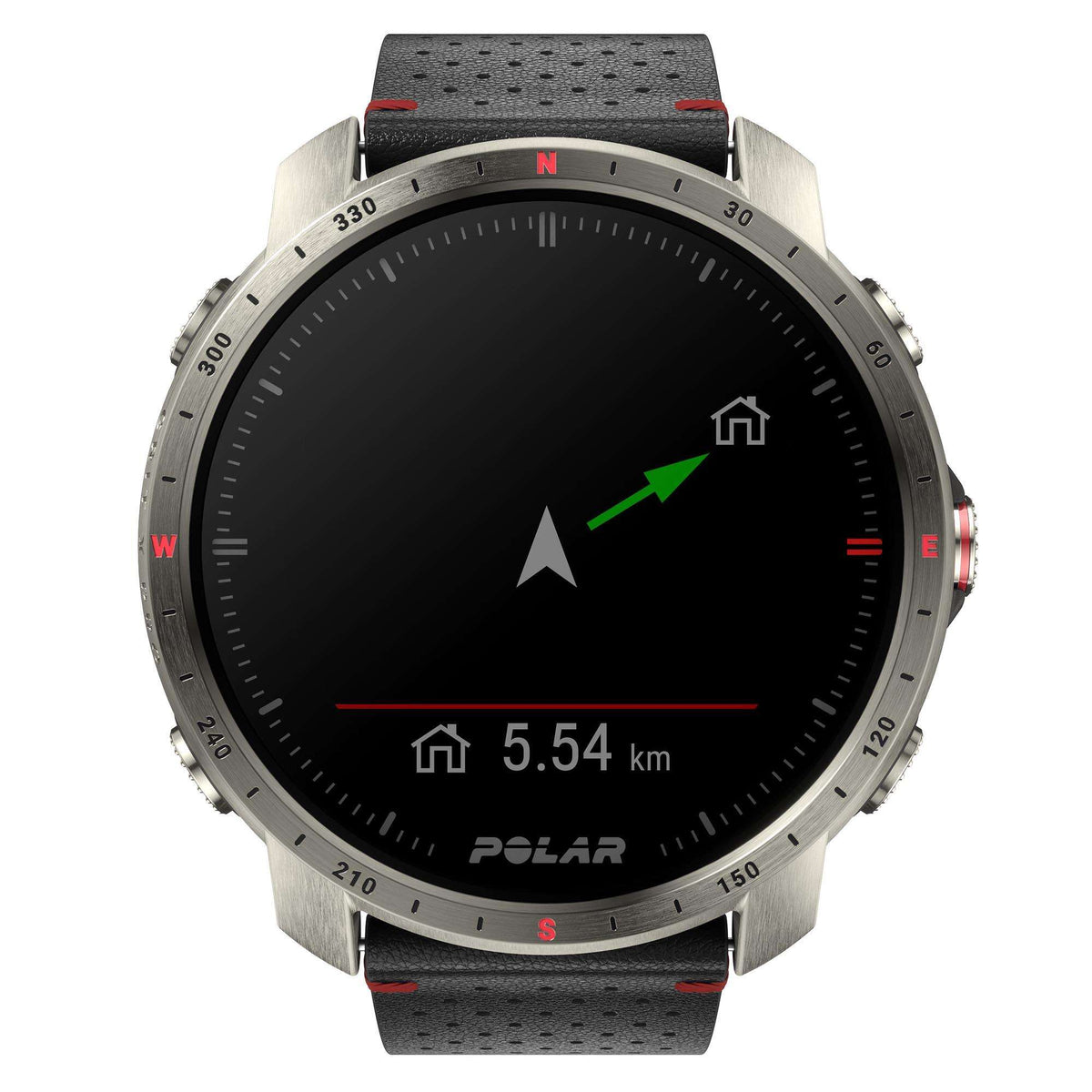 Grey case smartwatch with black rubber strap; black dial shows navigation arrow and distance “5.54 km”