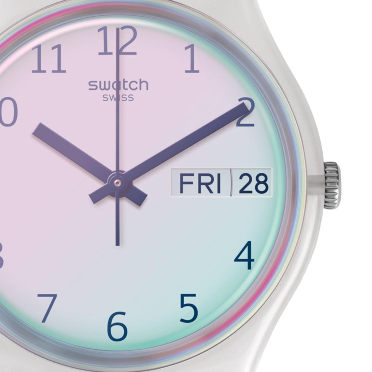 Silicone strap quartz watch close-up: lavender-to-mint dial with FRI 28 day/date