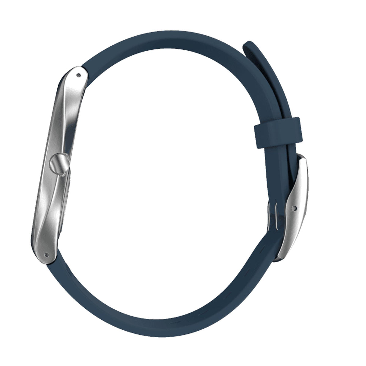 Unisex quartz wristwatch, blue silicone strap and stainless steel case side view