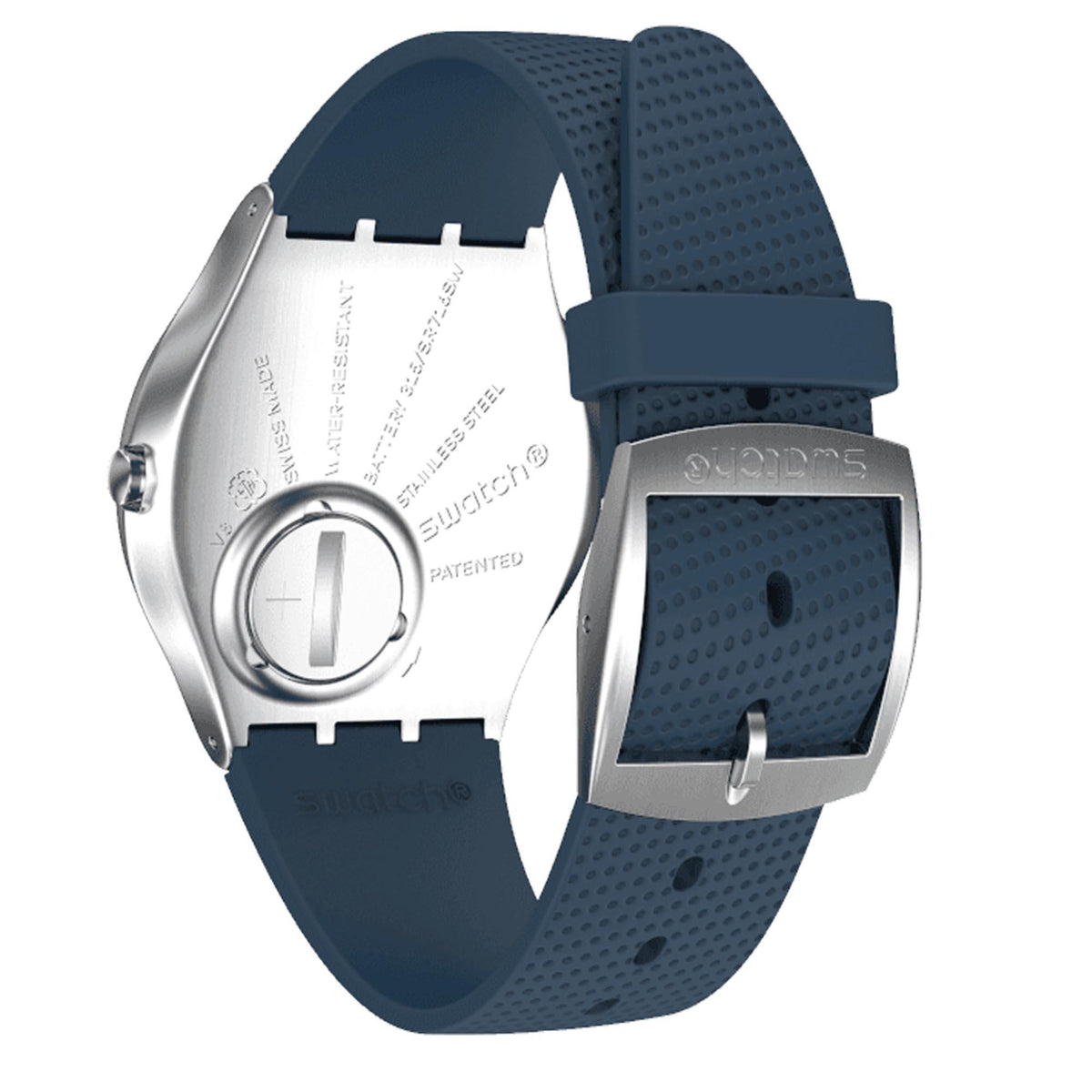 Unisex quartz wristwatch back, stainless steel caseback with blue silicone strap