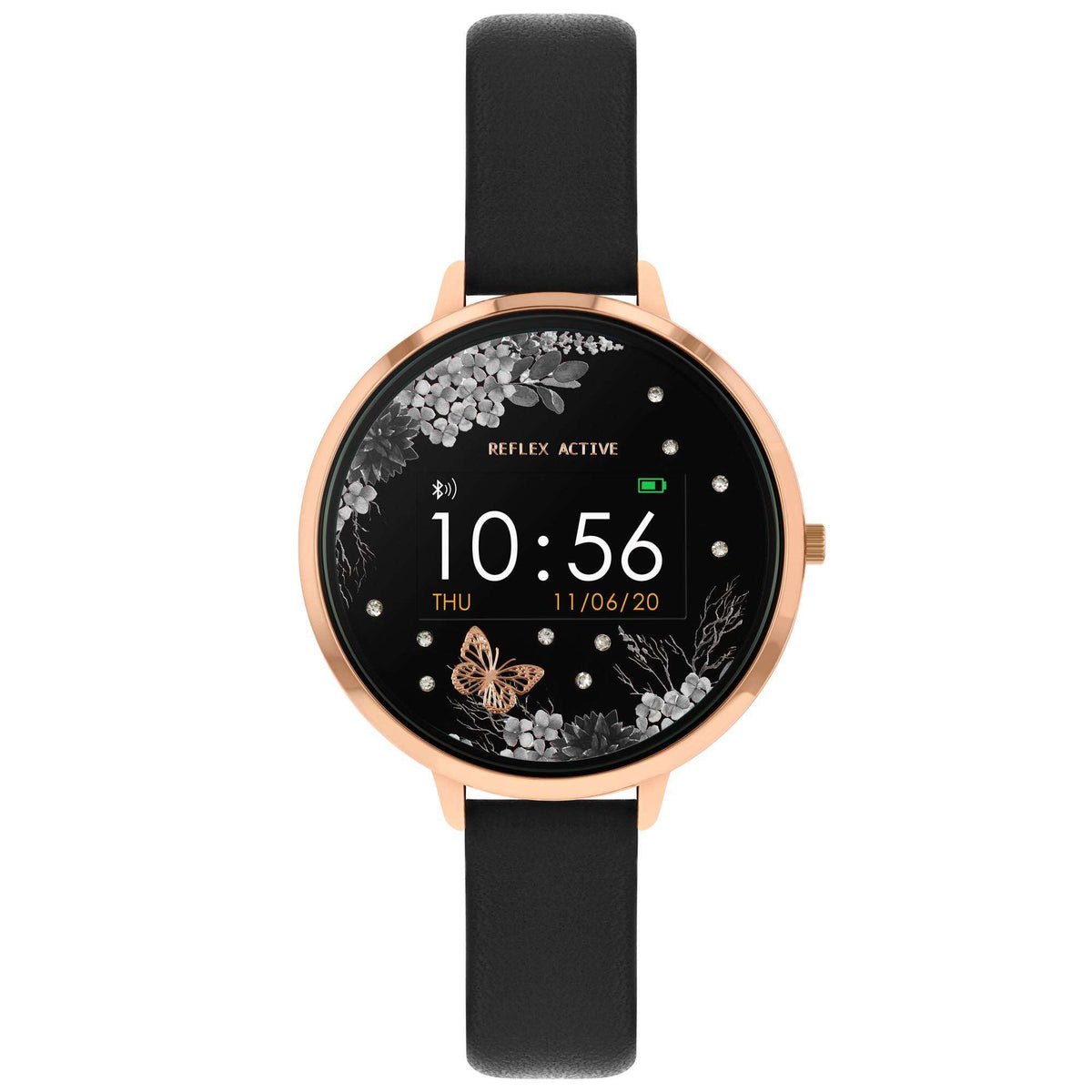 Ladies smartwatch with black leatherette strap and black floral dial, rose-gold bezel