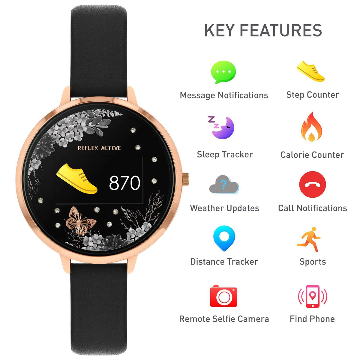 Ladies smartwatch with black strap and black floral dial with notification and activity icons