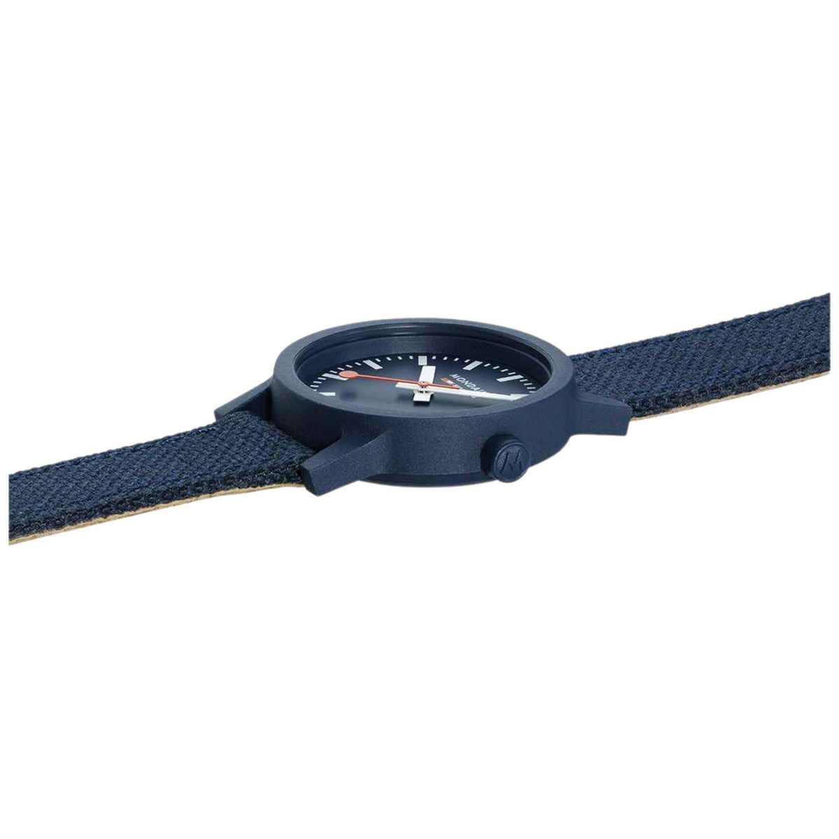 Ladies quartz wristwatch with blue dial and dark blue textile strap, round matte case.