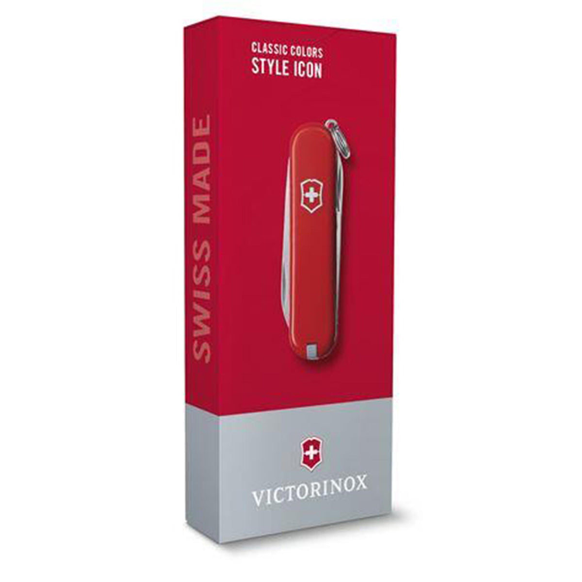 Red and gray retail box for a compact Victorinox folding pen knife with key ring