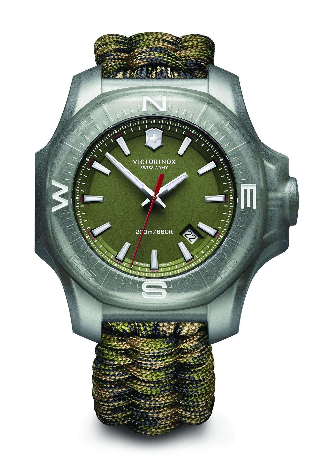 Men's stainless steel wristwatch with dark green dial and green paracord survival strap