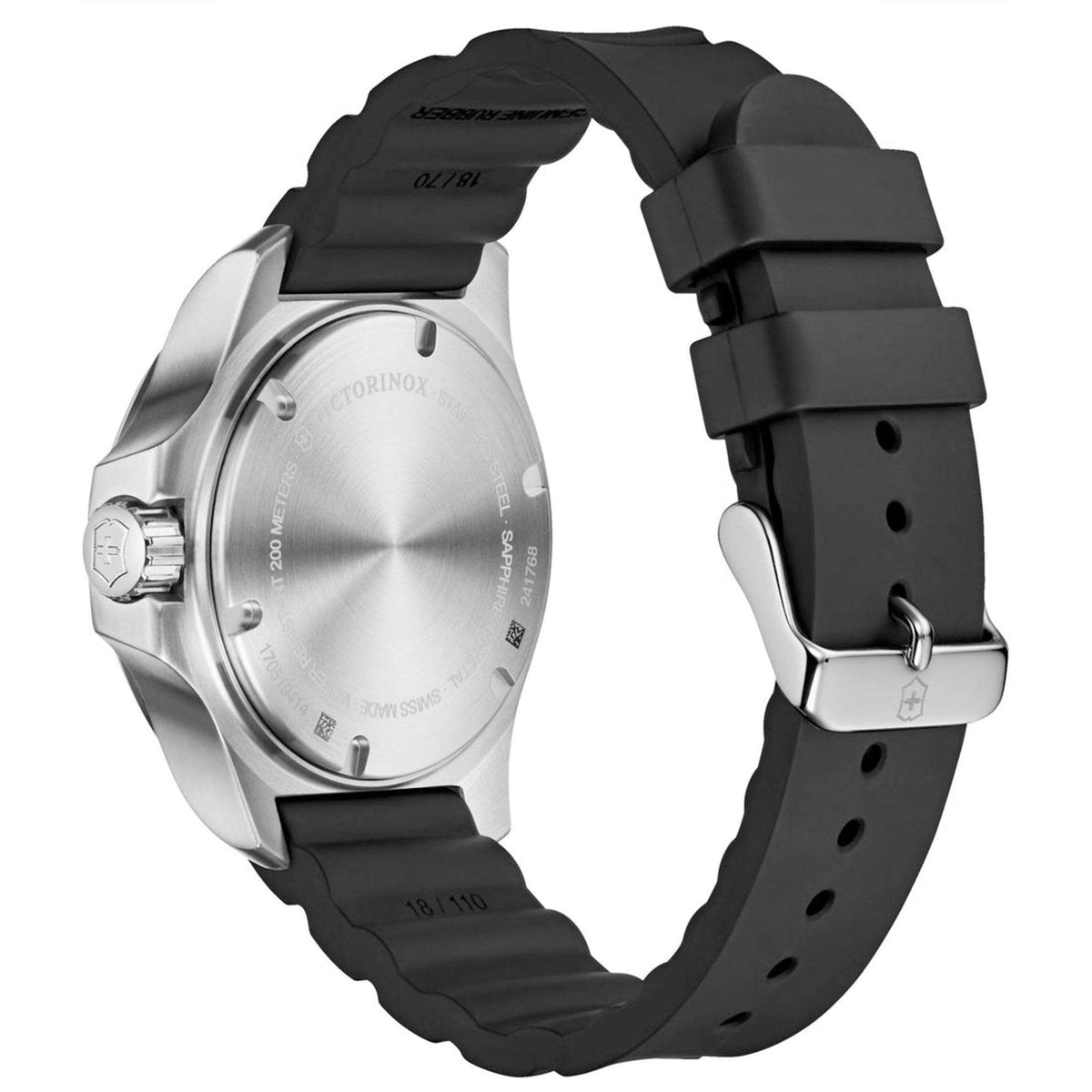 Stainless caseback with black rubber strap and metal buckle