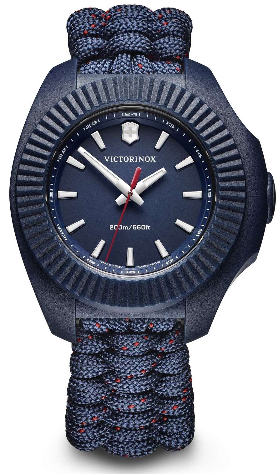 Blue dial quartz watch with ridged dark bezel and blue paracord strap, silver markers.
