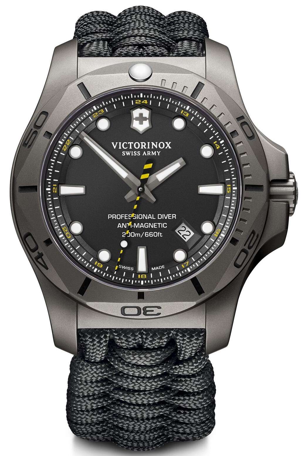 Men's diver watch with black dial and bezel markings, steel case, black paracord strap