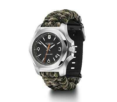Victorinox I.N.O.X men’s quartz watch front with black dial, stainless case, green paracord and black strap