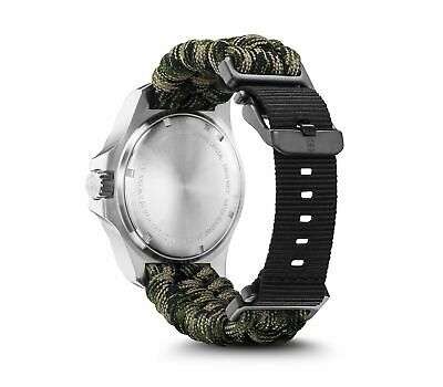 Victorinox I.N.O.X men’s quartz watch rear view with brushed caseback and green paracord on black strap