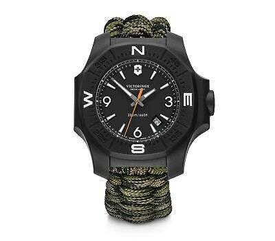 Men's quartz wristwatch with black case and green paracord strap, round black dial