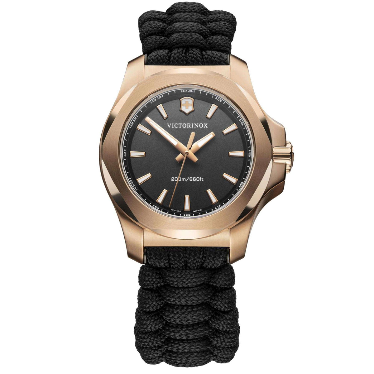 Victorinox I.N.O.X quartz watch with black dial, black paracord strap, rose-gold bezel