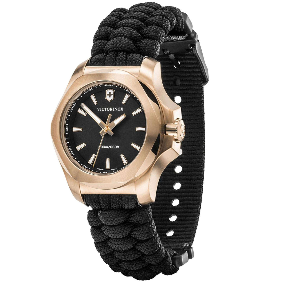 Victorinox I.N.O.X quartz watch side view with rose-gold case, black dial and paracord strap