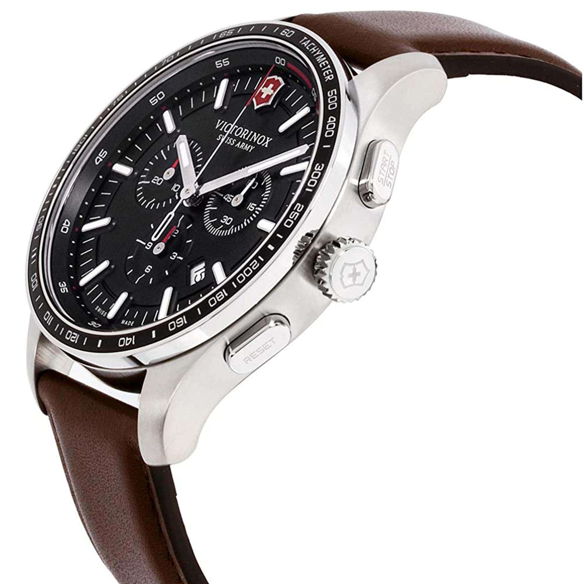 Men's quartz watch with black chronograph-style dial, brown leather strap, silver case