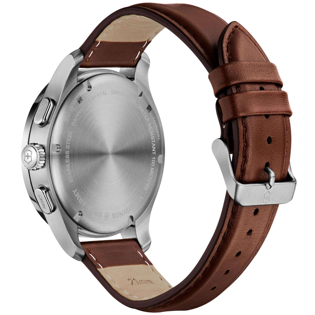 Men's quartz watch backplate with brown leather strap and silver buckle and lugs