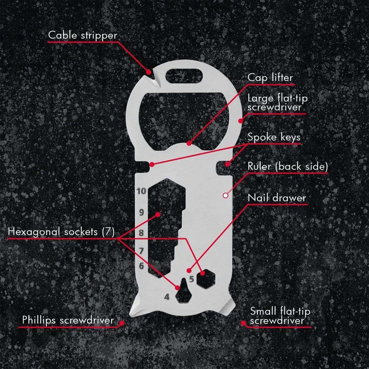 Multitool keychain with flat screwdrivers, hex sockets, spoke keys, ruler, and nail drawer