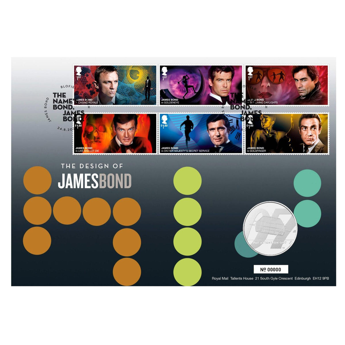 James Bond stamp set display sheet with colorful stamp strips and silver coin at right