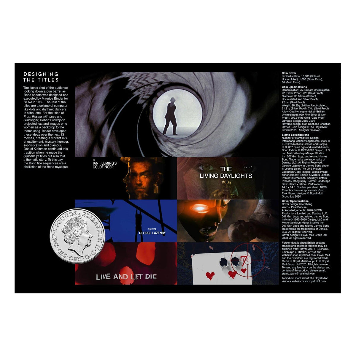 James Bond stamp set display sheet with coin and stamp cards, including heart and spade icons