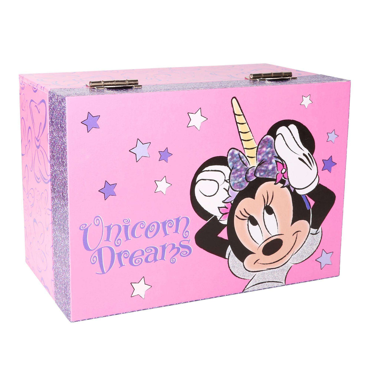 Pink glitter Disney Minnie Mouse unicorn dreams jewelry box with hinged clasp