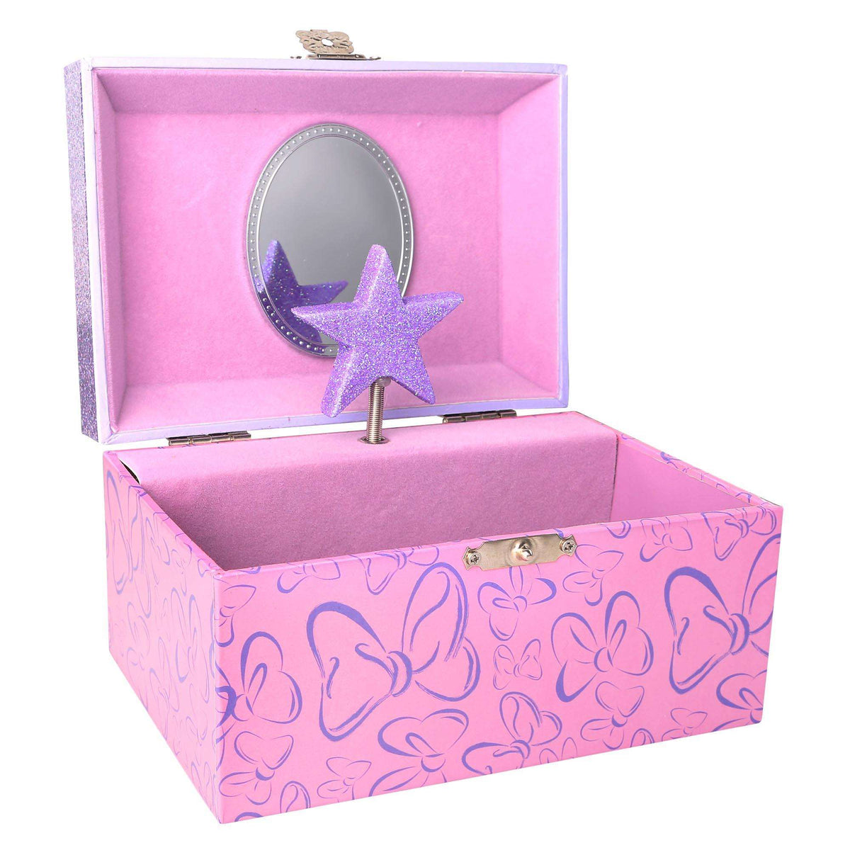 Open pink jewelry box with felt lining and star-shaped decorative mirror