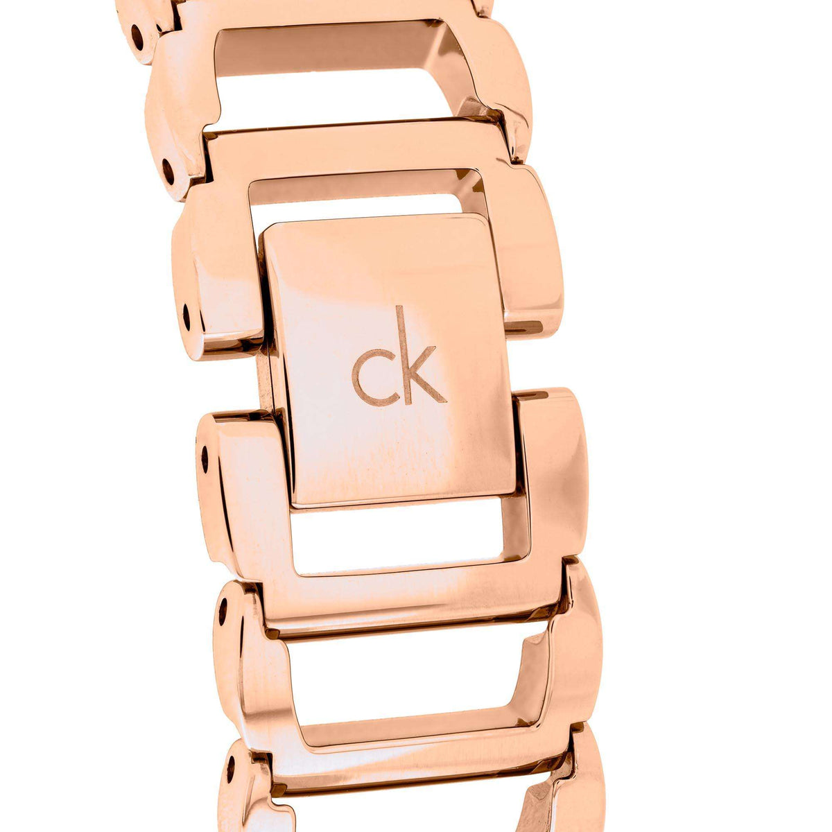 Rose gold PVD stainless steel watch caseback with CK logo and linked bracelet