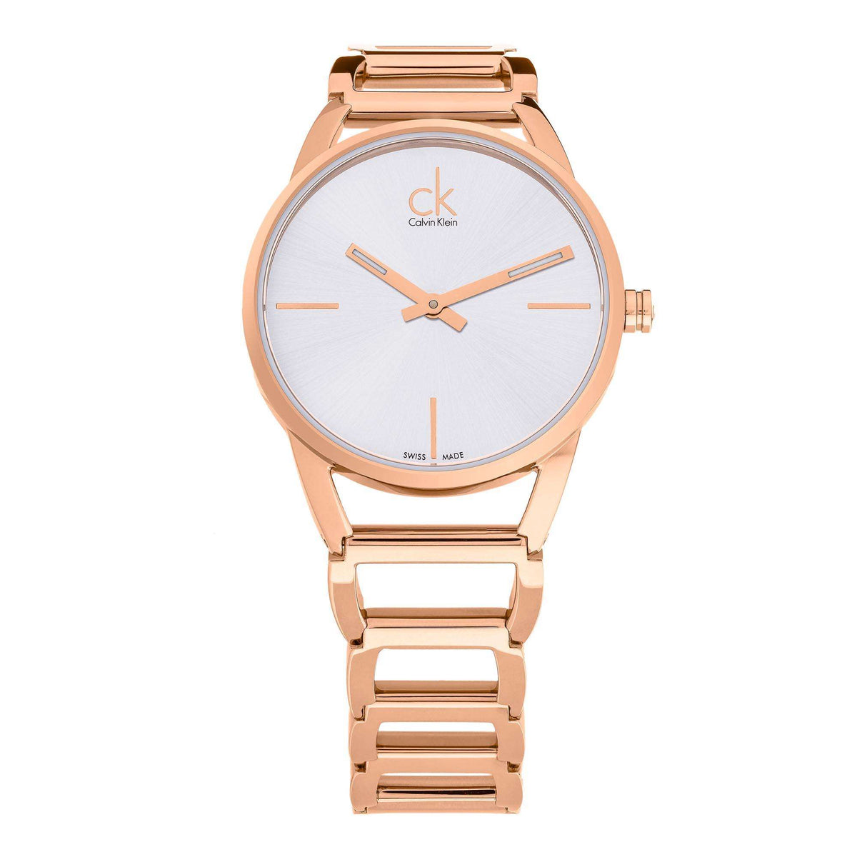 Rose gold PVD ladies quartz watch with silver dial, baton markers, and quartz hands