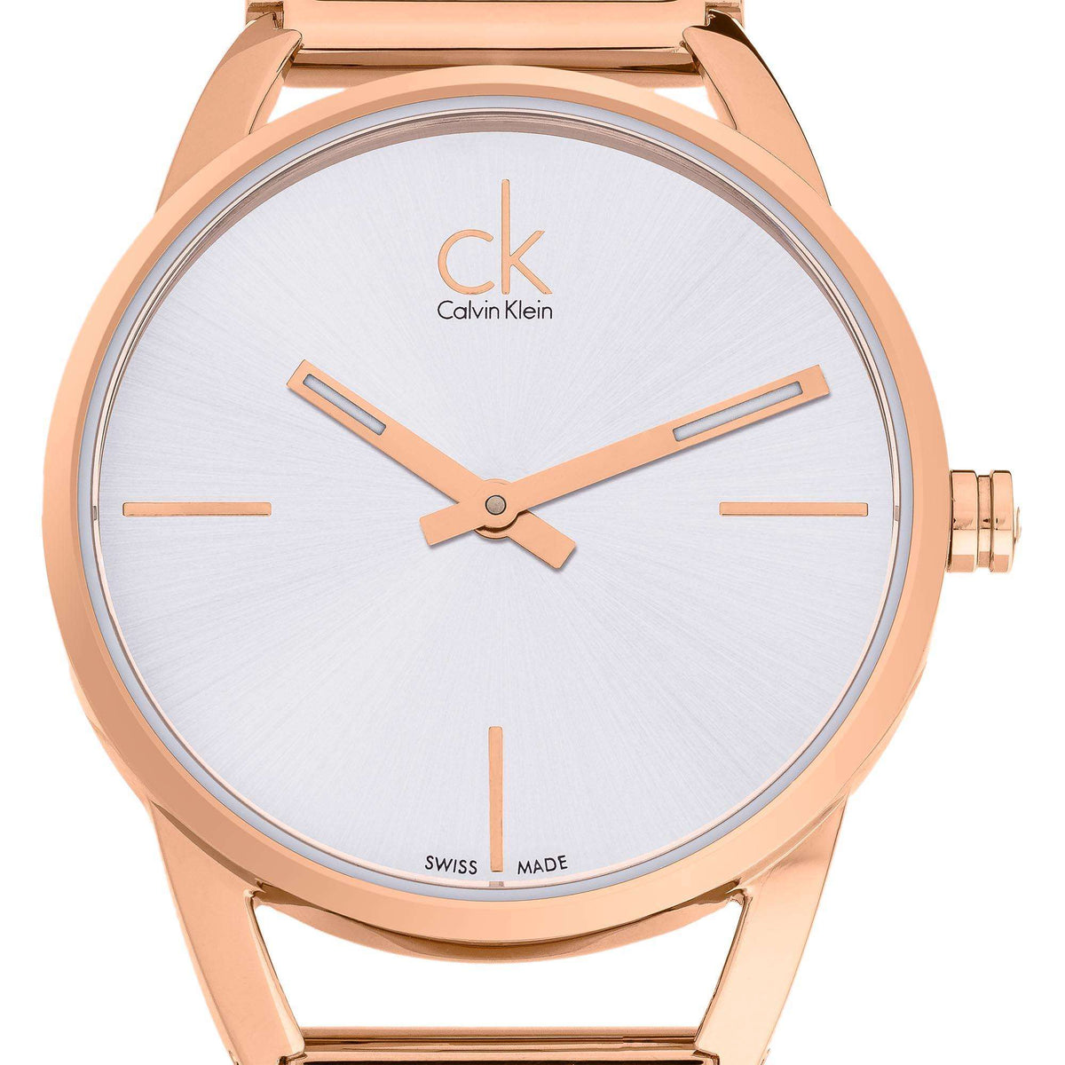 Rose gold PVD quartz watch face with silver dial, CK logo, and baton hands