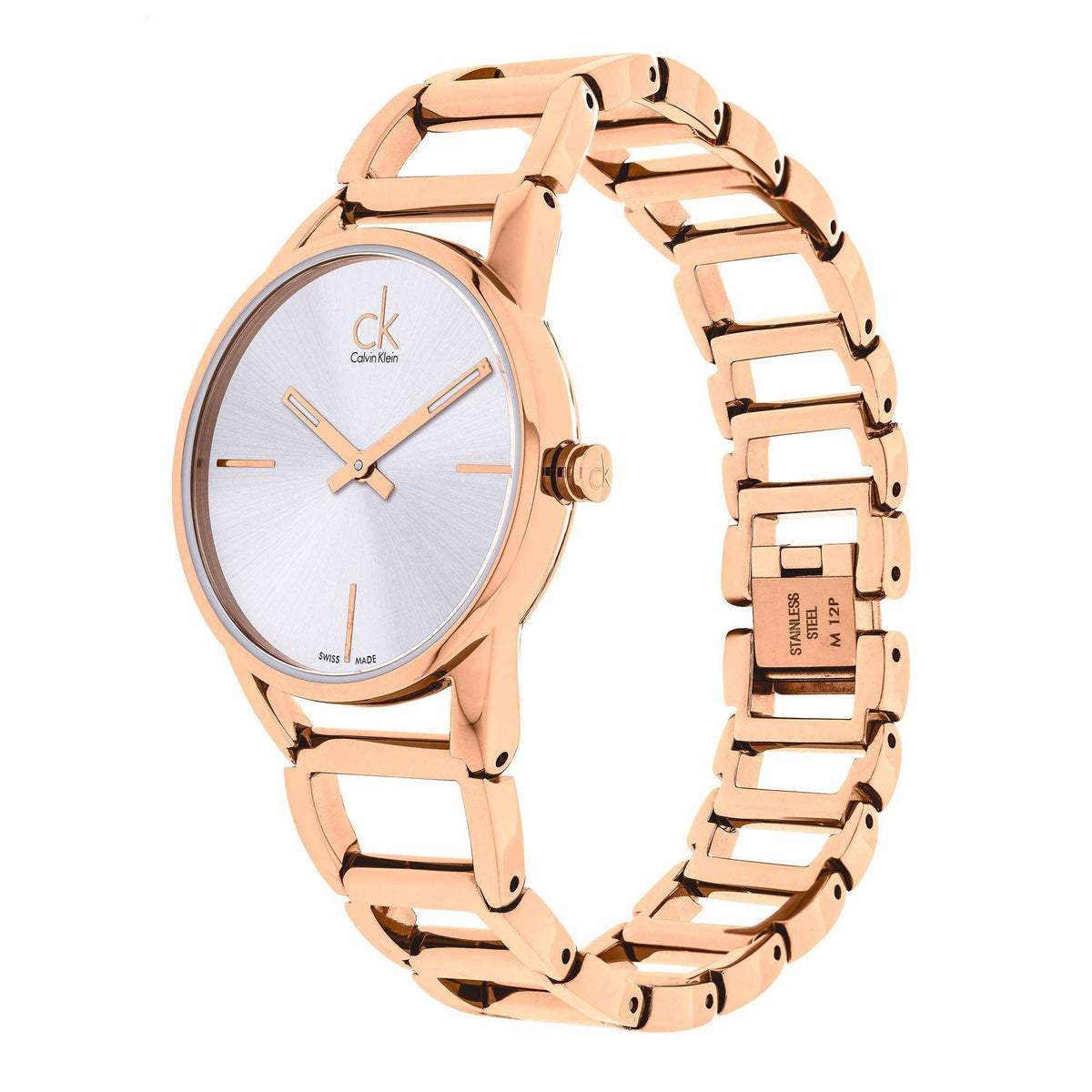 Rose gold PVD stainless steel ladies watch with silver dial and linked bracelet