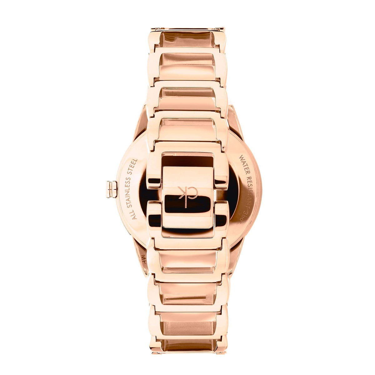 Rose gold PVD stainless steel watch with clasp and engraved back plate