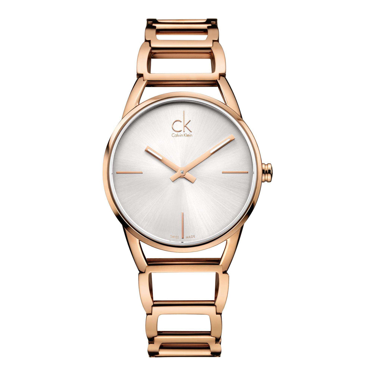Rose gold PVD ladies quartz watch with silver dial, baton markers, and round bezel