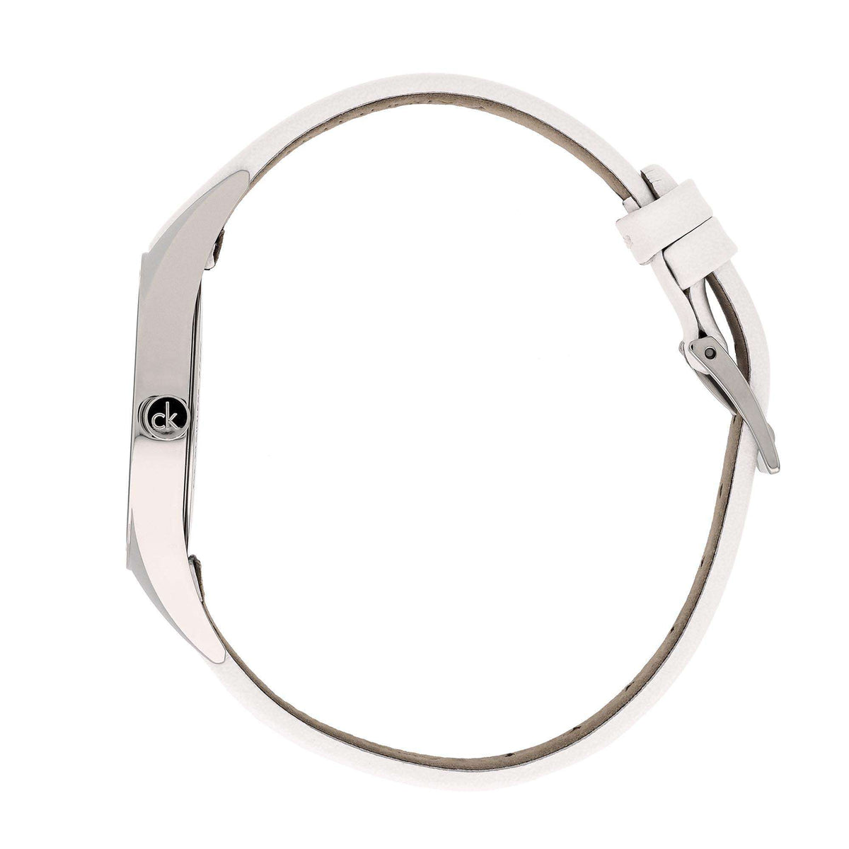 Calvin Klein watch case with white leather strap and buckle, side view