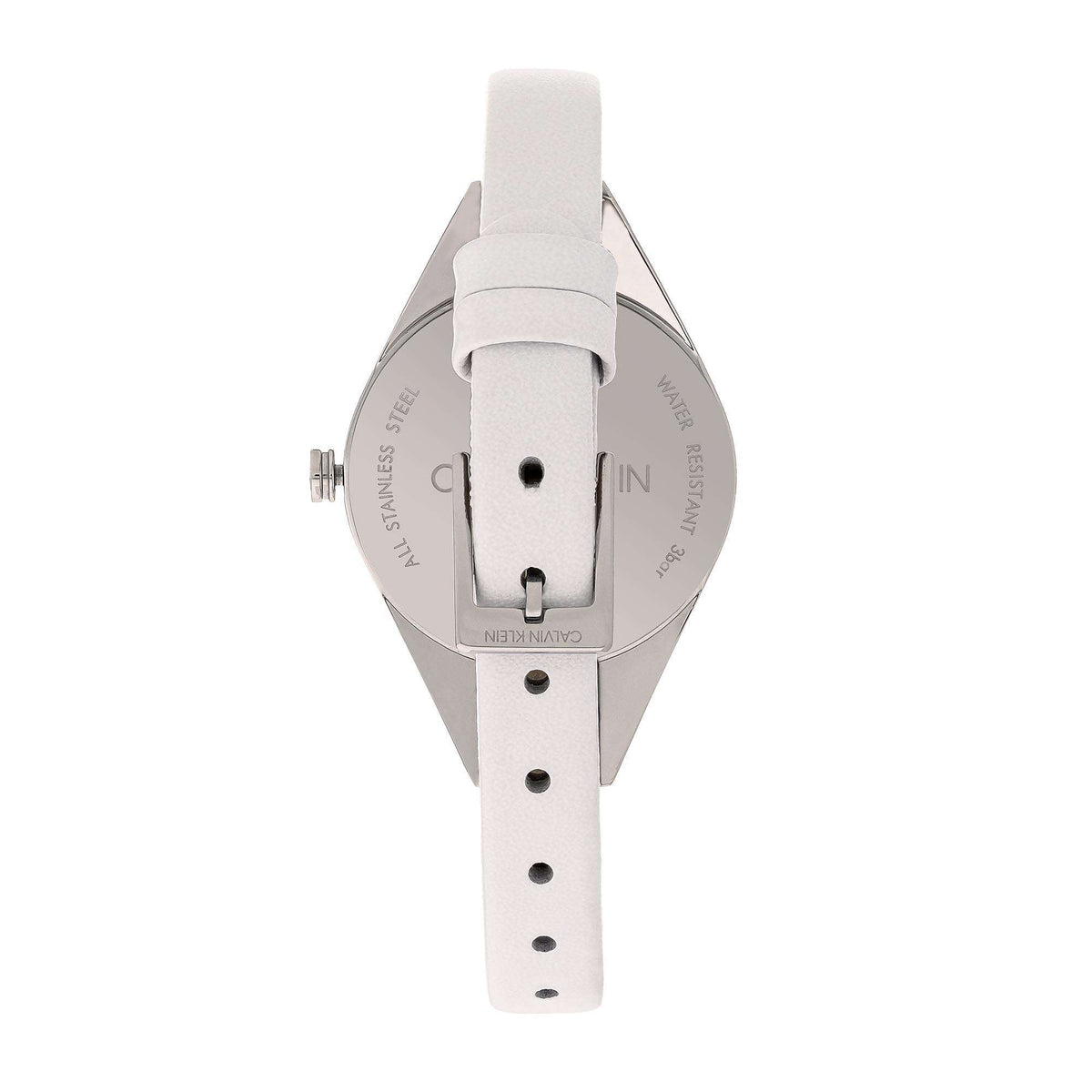 Calvin Klein stainless steel watch back with white leather strap and fastening holes