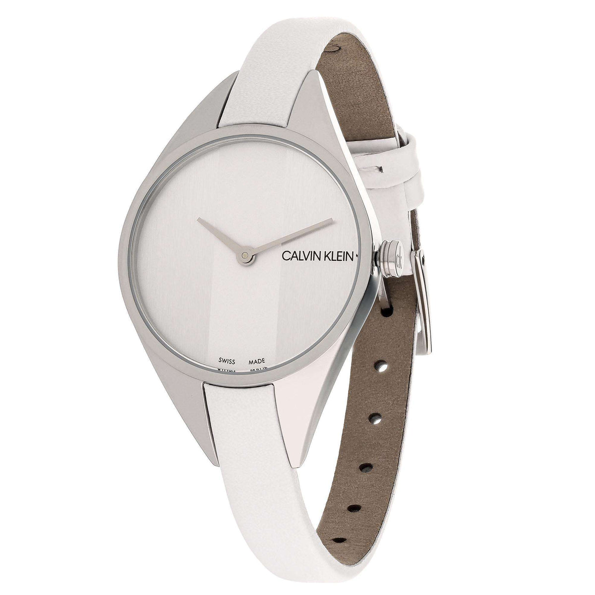 Calvin Klein quartz wristwatch with white dial, silver case, and white leather strap