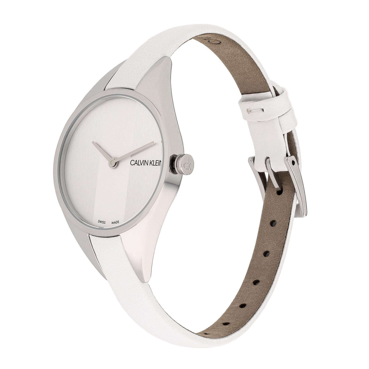 Calvin Klein watch with silver bezel, white dial, and white leather strap, side angle