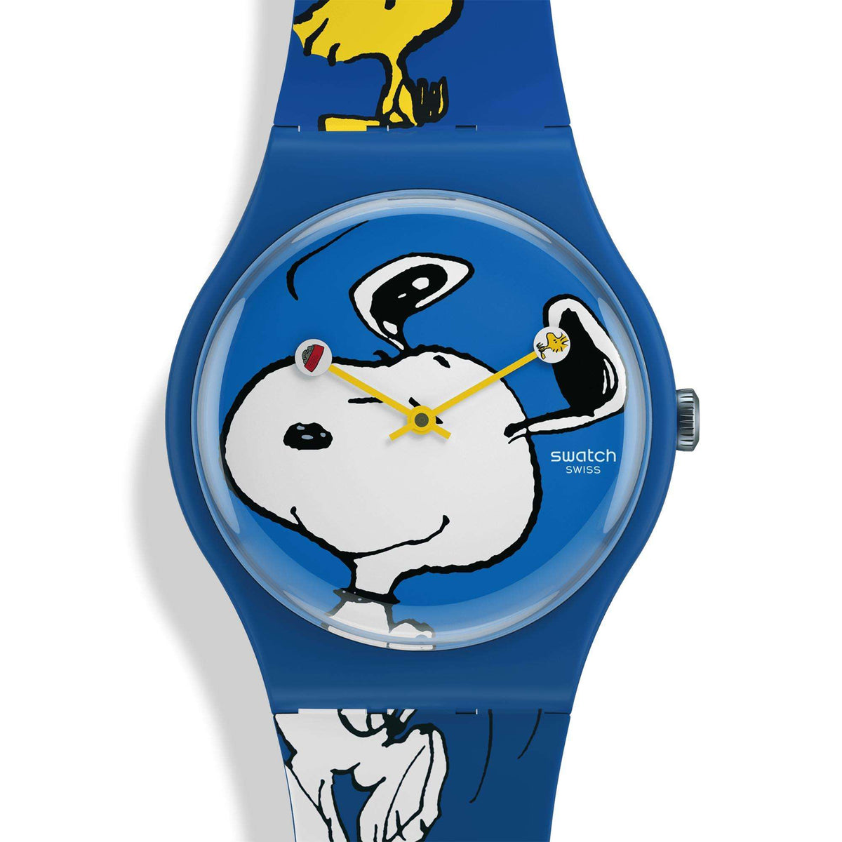 Blue silicone strap watch with Snoopy graphic dial and yellow hands