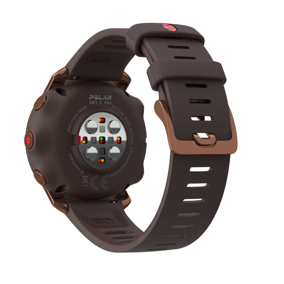 Sports smartwatch back view with gray silicone strap and copper-tone side buttons.