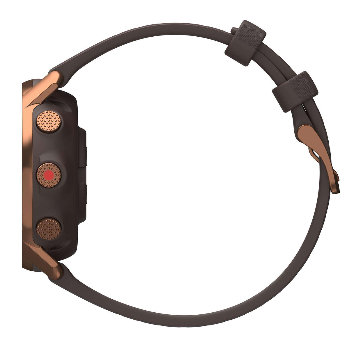 Close-up of smartwatch side with copper-tone buttons and dark rubber strap with holes.