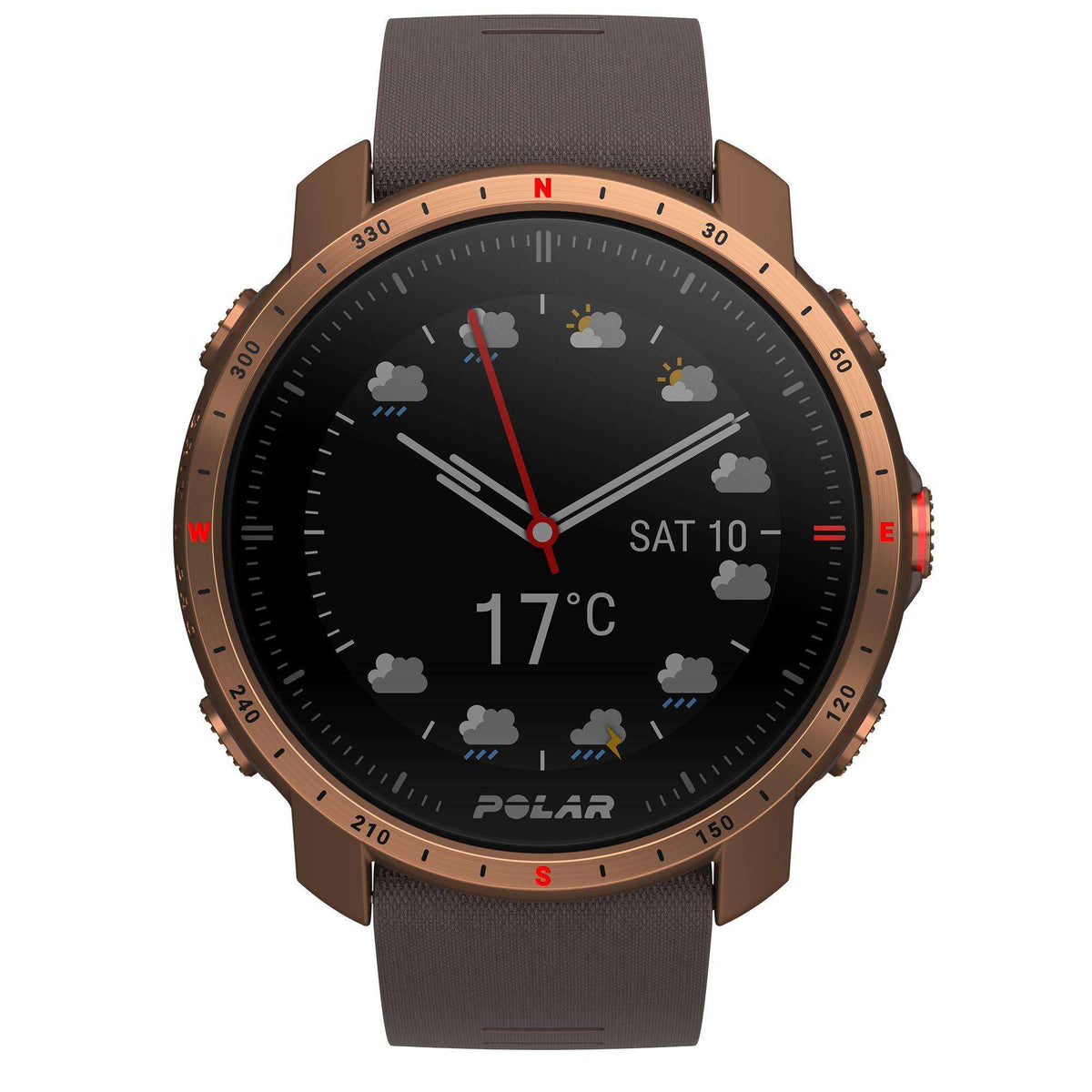 Mens sports smartwatch with black dial, red hands, weather icons, copper bezel, dark strap.