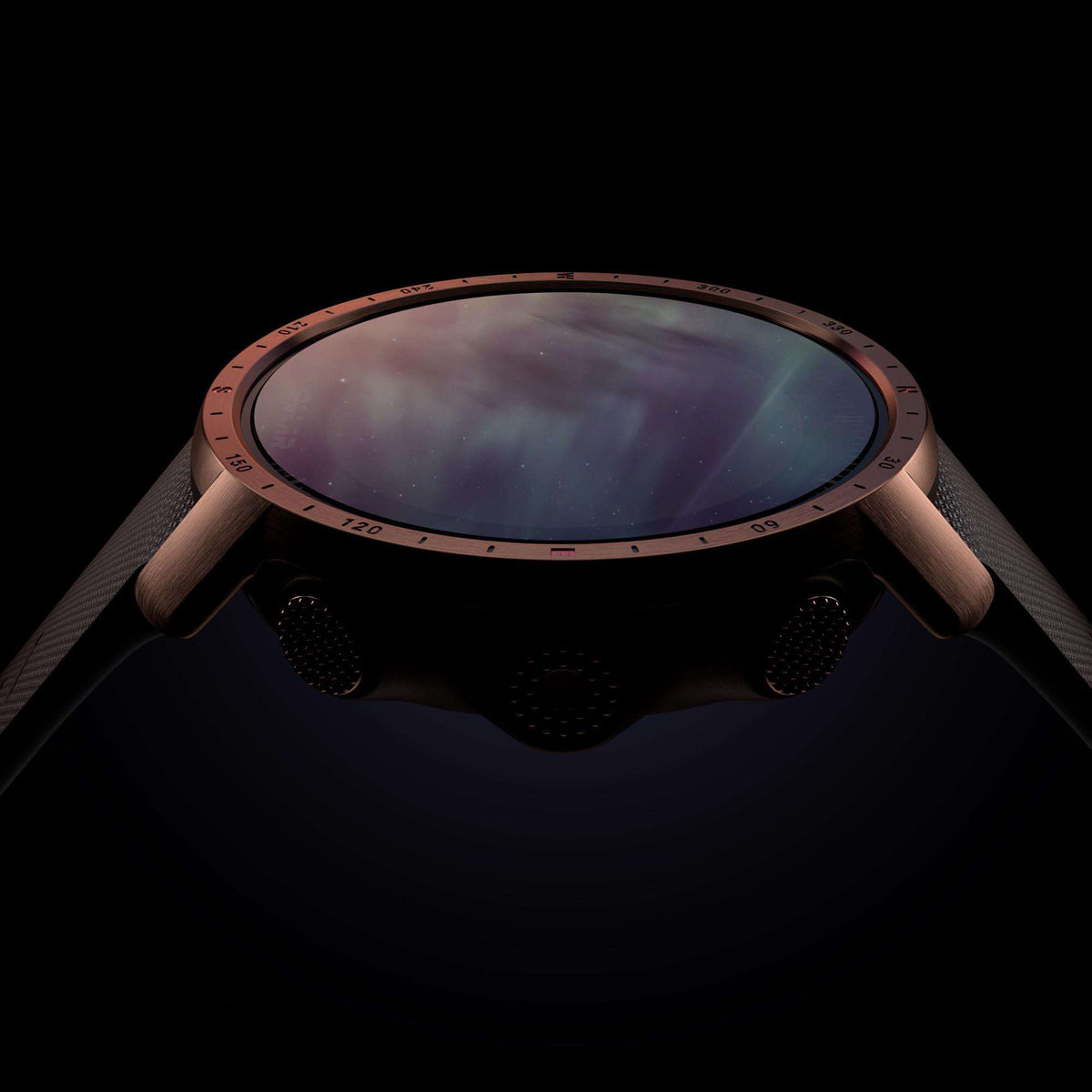 Close-up of smartwatch face with curved glass and copper bezel edge over dark band.