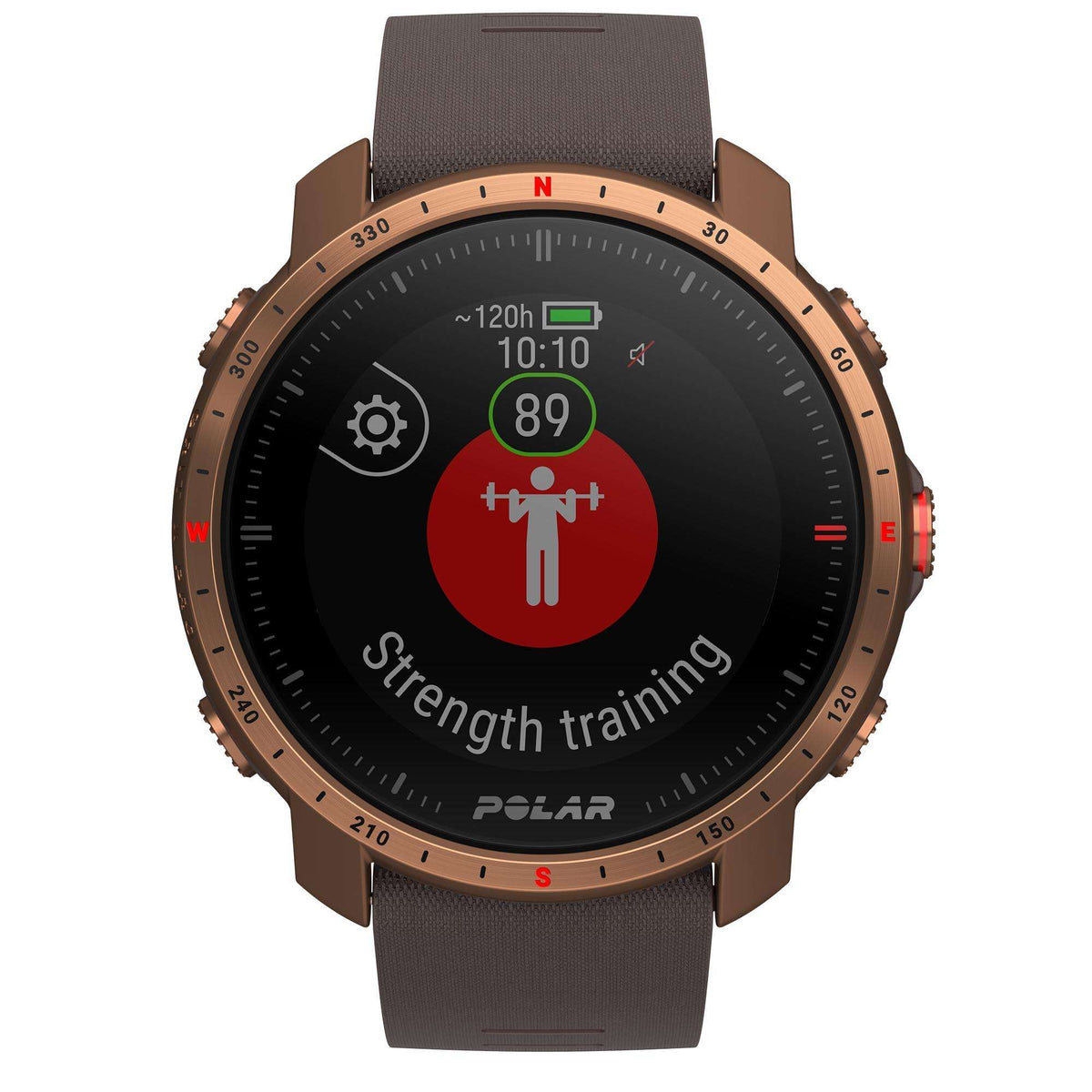 Mens sports smartwatch showing strength training screen with black dial and copper bezel.