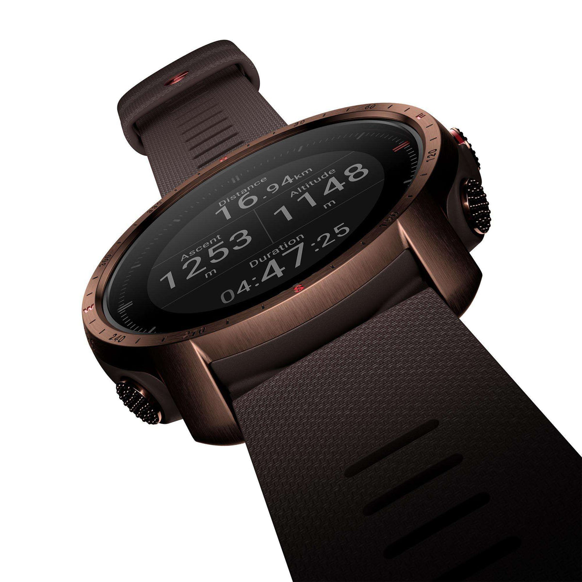 Men's smartwatch angled view with brown strap, copper bezel, black screen with stats