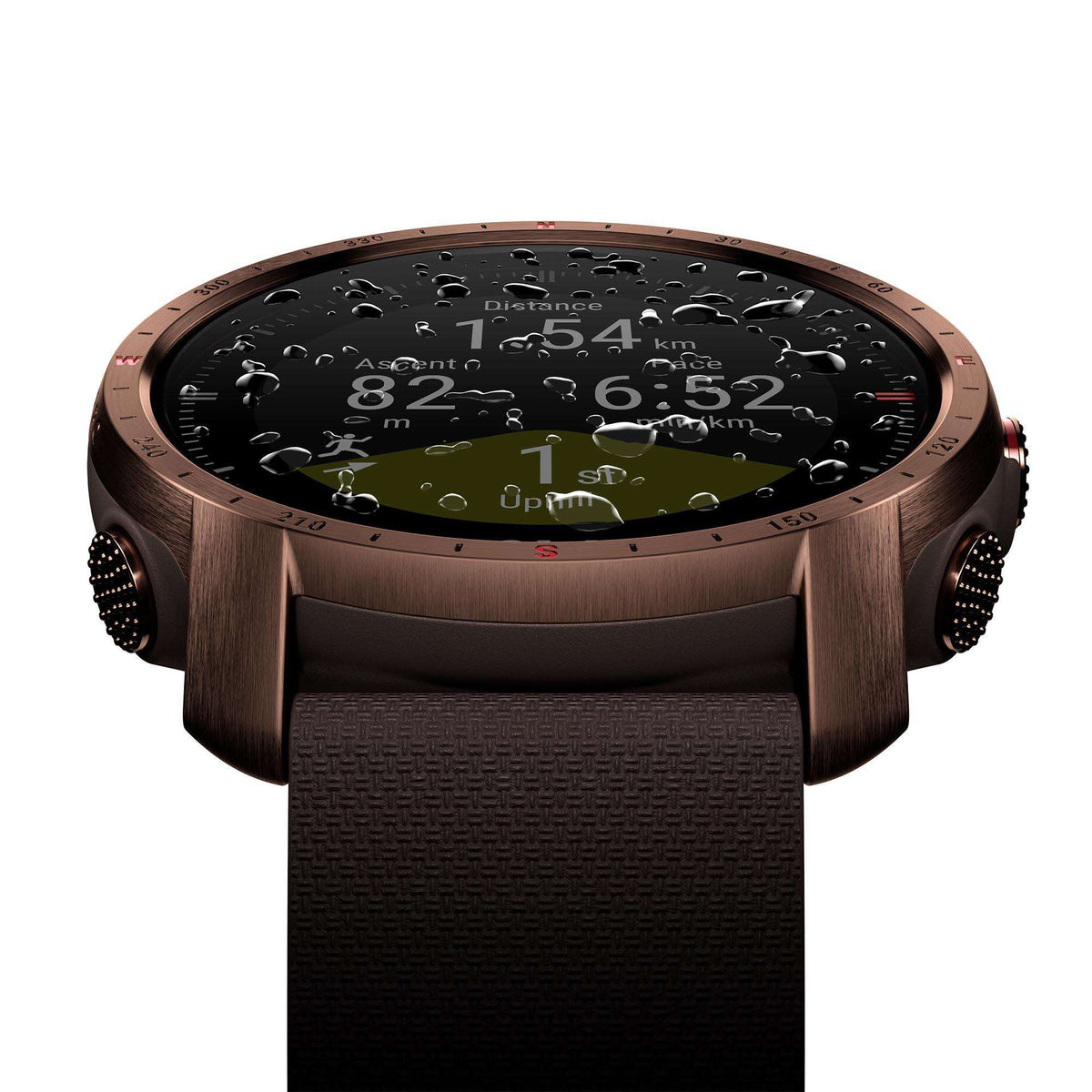 Men's smartwatch back with copper-tone case and dark textured strap