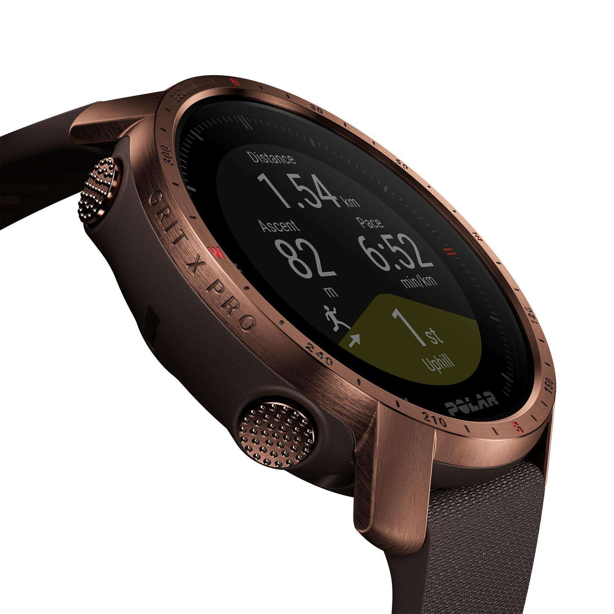 Men's smartwatch side close-up with copper bezel, black touchscreen and textured buttons
