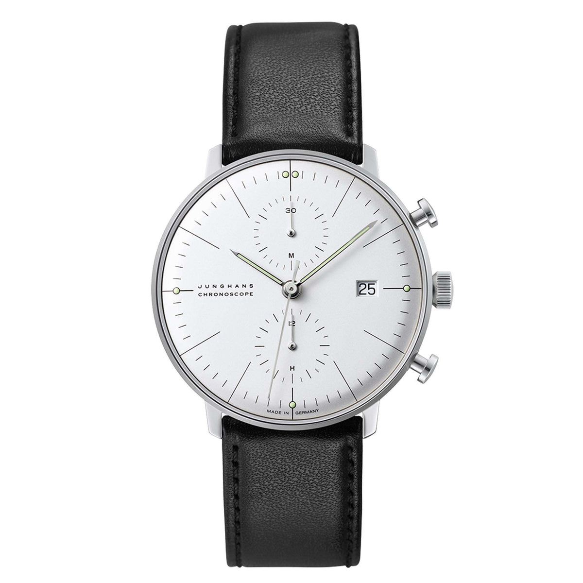 Men's chronoscope watch front view, silver case, white dial, black leather strap, date at 25