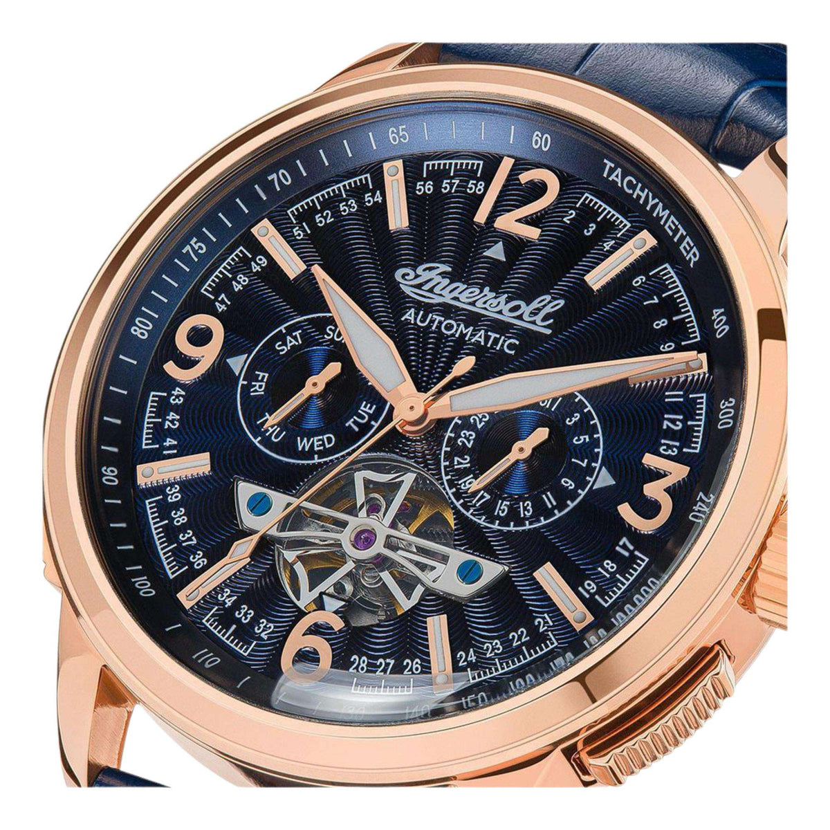 Men's automatic watch: blue dial with skeleton movement, rose-gold case, blue leather strap