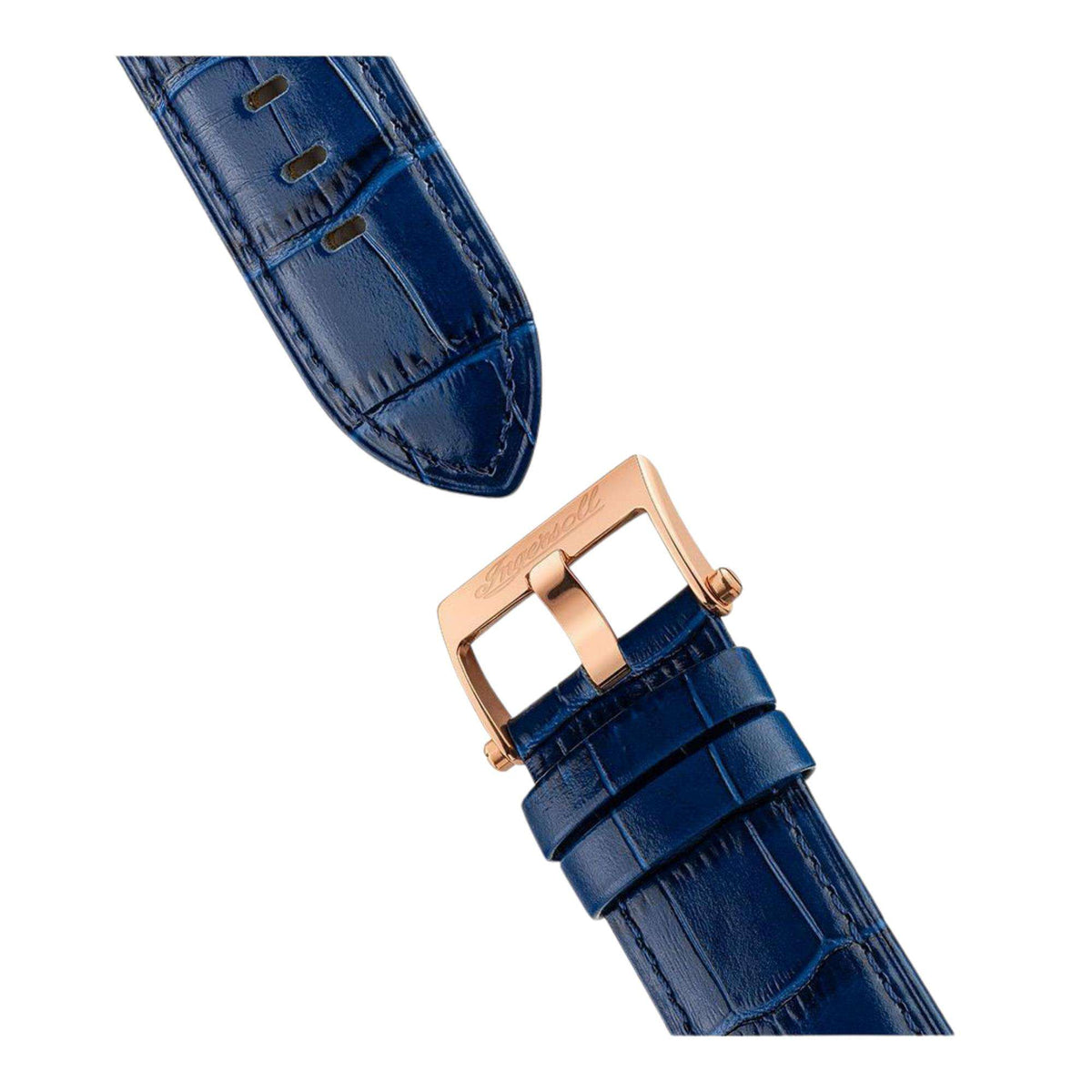 Blue leather watch strap with rose-gold buckle and stitched edges.