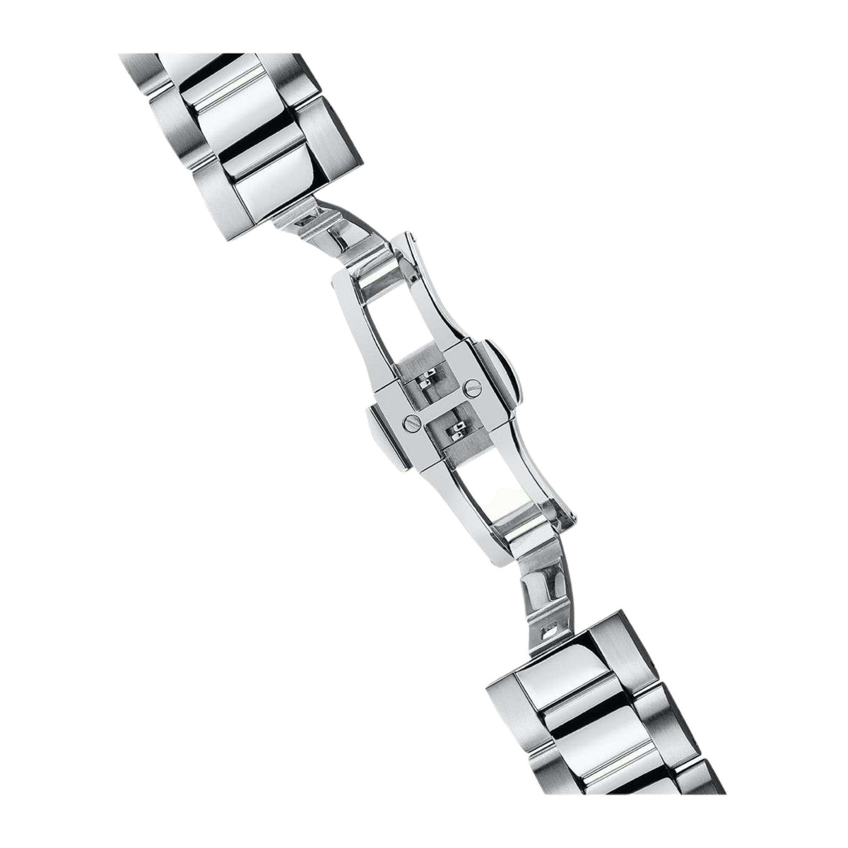 Stainless steel watch bracelet with clasp and adjuster links, side view