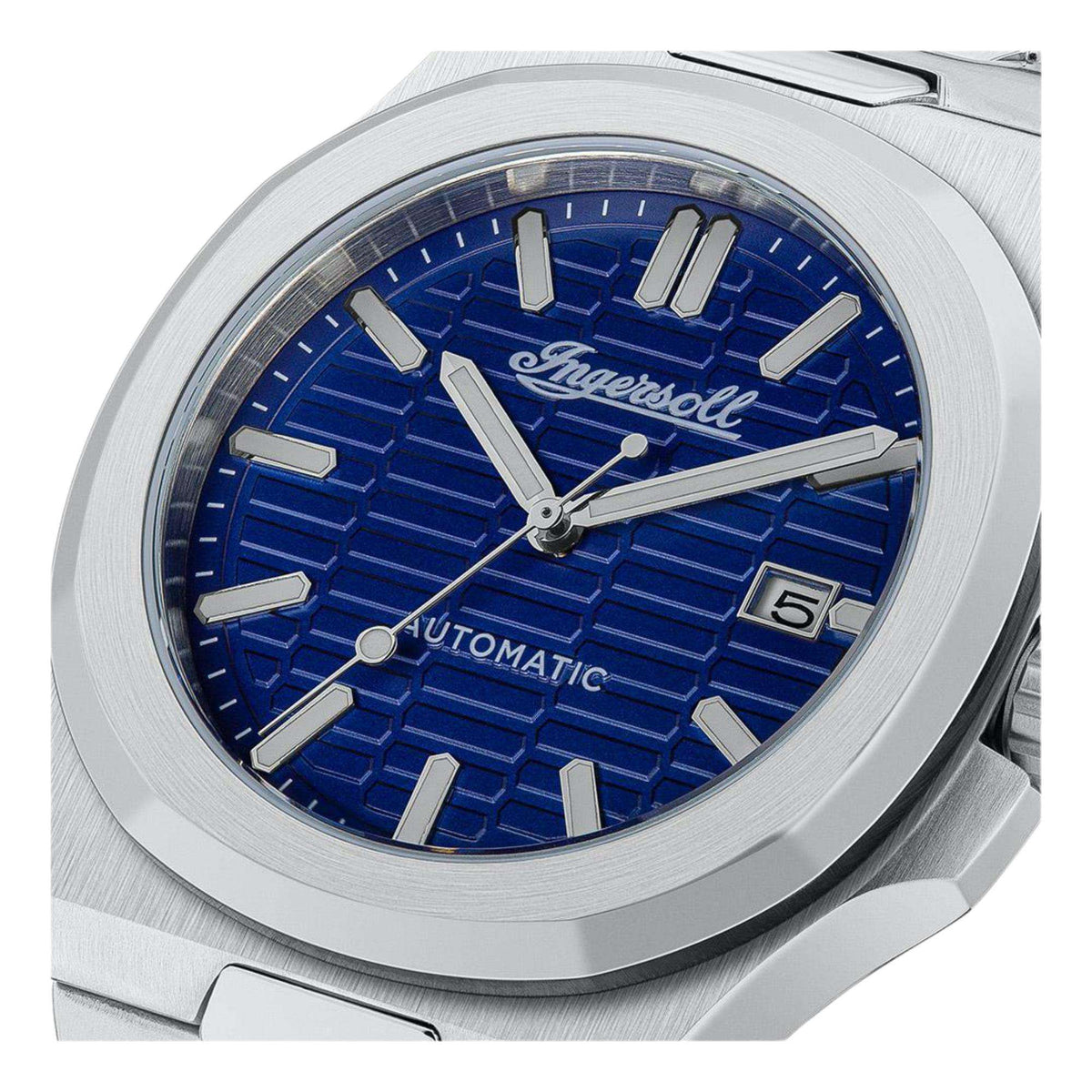 Men's stainless steel watch close-up: blue dial, baton hands, date at 5